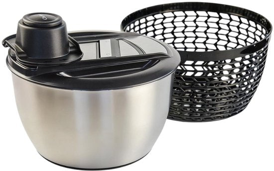 Slacentrifuge RVS 5L met Snij- en Raspmessen – Salade Spinner – Sladroger – Slakom met Mandoline – Groentesnijder – Julienne Snijder – RVS Mengkom
