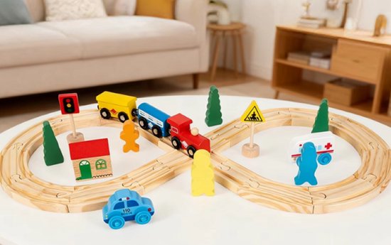 DMG Supply Houten Treinset - Treinbaan met Rails - 33-delig - Trein en Auto Accessoires - Verkeersborden - Vanaf 3 Jaar