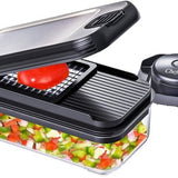 Groentesnijder Set met Opvangbak 750 ml – Mandoline Snijder – Groente Hakker – Uiensnijder – Blokjessnijder – Julienne Snijder – Groente Rasp – Keuken Mandoline met 5 RVS Messen