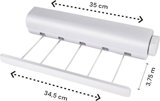 Waslijn Uittrekbaar - Wit - 3.75 meter - Ruimte Besparend - Roldrooglijn - Geschikt voor Binnen en Buiten