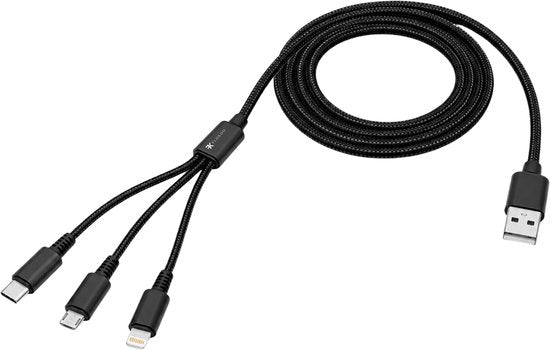 FLOKOO 3-in-1 USB Kabel – 1 meter – Snelladen & Dataoverdracht – USB naar USB-C - Micro-USB - Lightning – Nylon Gevlochten – Zwart - Oplaadkabel Telefoon