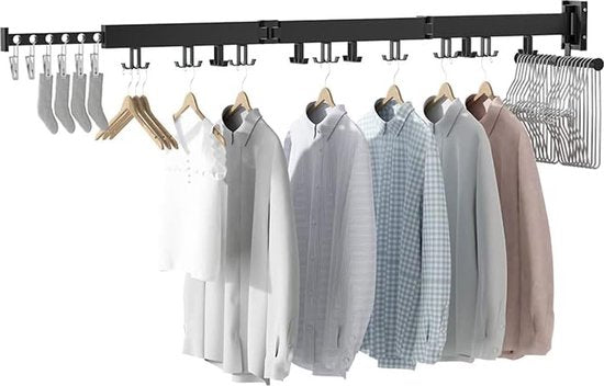 Kledingrek voor aan de Muur - Zwart - 104 cm Lang - Inklapbaar en Uitschuifbaar - Kledingrek - 180 Graden Draaibaar