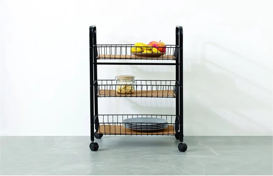 5Five® Serveerwagen met 3 draadstaal opbergvakken 52x39x70 cm - Zwart