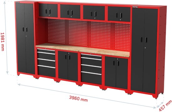 Feistos Gereedschapswand Hoge kast Juno 11 - 46x396x198cm - Zwart/Rood