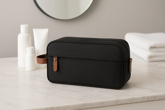 Luxe Toilettas Heren & Dames – 28 cm x 10 cm x 18 cm (lxbxh) - Dubbel Compartiment – Waterafstotende Reistas – Zwarte Toilettas met Leren Details – Grote Washbag – Ideaal voor Vakantie & Sportschool – FLOKOO
