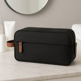 Luxe Toilettas Heren & Dames – 28 cm x 10 cm x 18 cm (lxbxh) - Dubbel Compartiment – Waterafstotende Reistas – Zwarte Toilettas met Leren Details – Grote Washbag – Ideaal voor Vakantie & Sportschool – FLOKOO