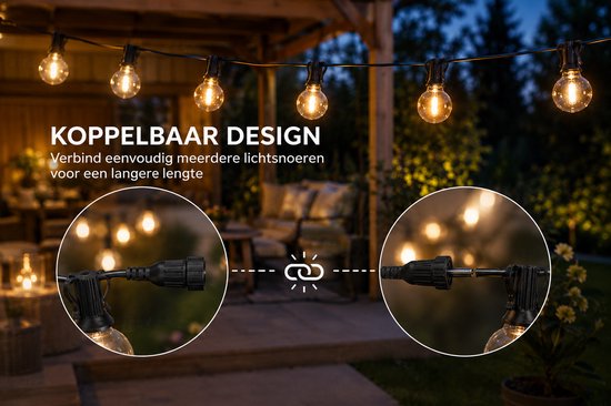 Prikkabel Buiten 15,3 Meter – 25 LED Lampen – Koppelbare Lichtsnoer Buiten – Waterdichte Tuinverlichting – Warm Wit – Sfeerverlichting voor Tuin, Balkon, Terras & Overkapping