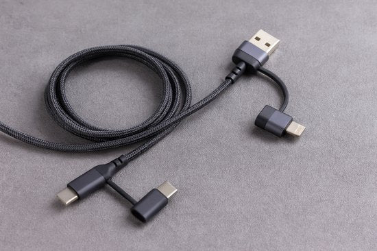 3-in-1 USB Kabel – 1 meter – Snelladen & Dataoverdracht – USB naar USB-C - Lightning – Nylon Gevlochten – Zwart - oplaadkabel Telefoon