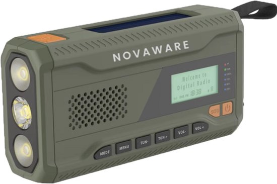 NovaWare® Noodradio Solar Opwindbaar - Powerbank Zonneenergie met 4500mAh - DAB+-FM - Noodpakket - Bluetooth speaker - Draagbare Radio - Groen