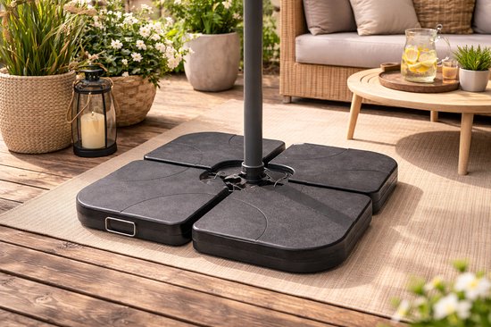 Parasolvoet voor Zweefparasol – 4-delige Vulbare Parasoltegels 50x50 cm – Met Handgrepen – Geschikt voor Water of Zand