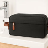 Luxe Toilettas Heren & Dames – 28 cm x 10 cm x 18 cm (lxbxh) - Dubbel Compartiment – Waterafstotende Reistas – Zwarte Toilettas met Leren Details – Grote Washbag – Ideaal voor Vakantie & Sportschool – FLOKOO