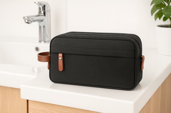 Luxe Toilettas Heren & Dames – 28 cm x 10 cm x 18 cm (lxbxh) - Dubbel Compartiment – Waterafstotende Reistas – Zwarte Toilettas met Leren Details – Grote Washbag – Ideaal voor Vakantie & Sportschool – FLOKOO