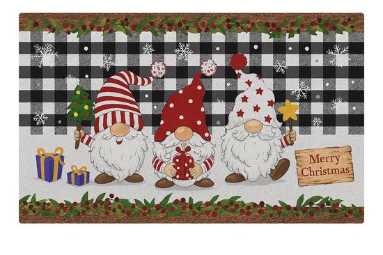 Kerst Deurmat - Deurmat kerstmannen - Linnen Kerstmat - Wit - Zwart - Deurmat - Vloermat - Antislip - Droogloopmat - Decoratieve Deurmat - Merry Christmas Deurmat - Deurmat Voor Binnen en Buiten - 59,5x40 CM