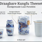 Draagbare Theeset van Porselein – 5-Delige Reistheeset met Handgeschilderde Draak – Luxe Gongfu Theepot & Kopjes