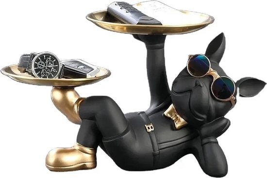 Franse Bulldog Beeld - Sleutelbakje - Sieraden Bakje - Kaarsenstandaard - Oranje - Goud - Decoratie - Incl. Zonnebril