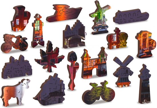 Wooden City Amsterdam bij Nacht XL - Houten Vormpuzzel - 52x38 cm - 600 stukjes