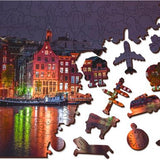 Wooden City Amsterdam bij Nacht XL - Houten Vormpuzzel - 52x38 cm - 600 stukjes