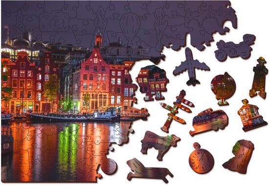Wooden City Amsterdam bij Nacht XL - Houten Vormpuzzel - 52x38 cm - 600 stukjes