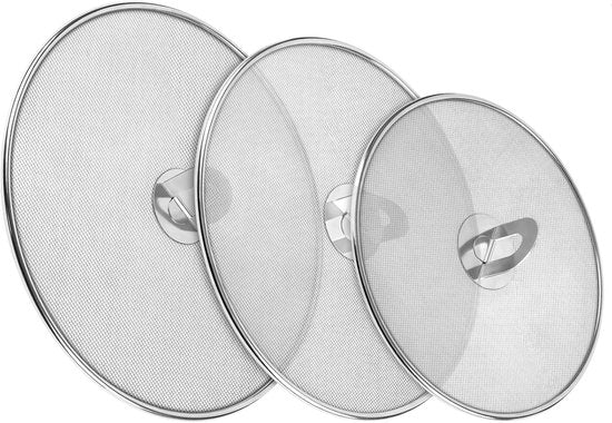 RVS Antispatdeksel Set van 3 – Ø20 - Ø25 - Ø30 cm – Spatdeksel voor Pan – Fijne Antispat Zeef – Vetbeschermer voor Bakken & Braden – Vaatwasserbestendig – Universeel Formaat