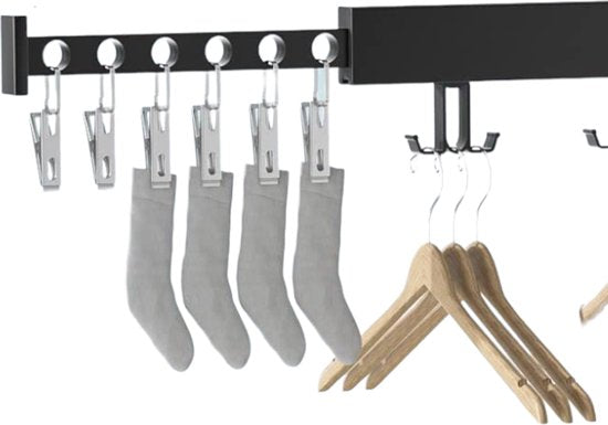 Kledingrek voor aan de Muur - Zwart - 104 cm Lang - Inklapbaar en Uitschuifbaar - Kledingrek - 180 Graden Draaibaar