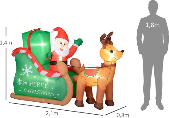 Kerstman met Slee & Rendier opblaasbaar - LED-verlichting - 210x80x140 cm