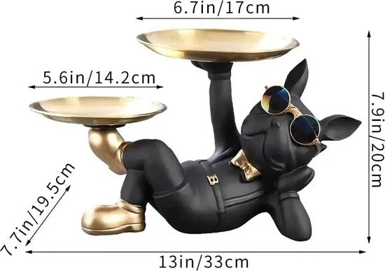 Franse Bulldog Beeld - Sleutelbakje - Sieraden Bakje - Kaarsenstandaard - Oranje - Goud - Decoratie - Incl. Zonnebril