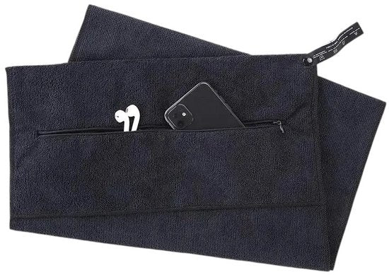 SparkNine Microvezel Handdoek - met ritsvak - S - 38x94 cm - zwart - handig & functioneel - sneldrogend - absorberend & super zacht