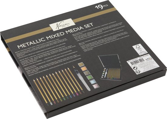Nassau Fine Art 19-Delige Metallic Mixed Media Set | Metallic Kleurpotloden - Metallic verf - Waterbrush | In Handige Opbergbox