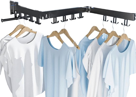Kledingrek voor aan de Muur - Zwart - 104 cm Lang - Inklapbaar en Uitschuifbaar - Kledingrek - 180 Graden Draaibaar