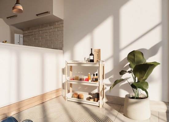 Fixwood 3-laags Modulair Opbergrek – Natuurlijke Houtlook & Crèmekleur – Badkamerrek, Keukenrek of Plantenrek – Stevig & Stapelbaar – 60x20x70 cm