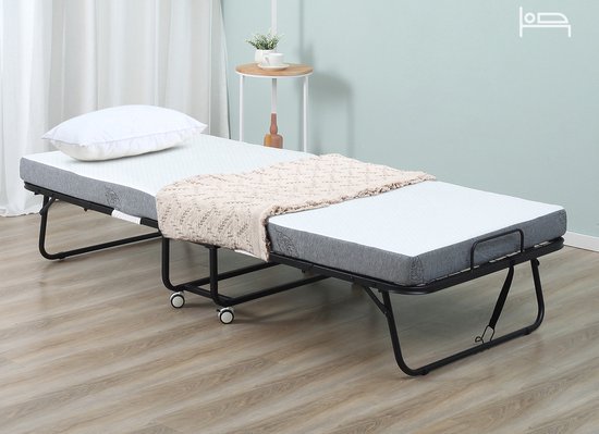 Opklapbaar bed 1 persoons met wielen verstelbaar, tot 150 kg, wit + zwart, 200 x 75 x 42,5 cm | Aosom.nl