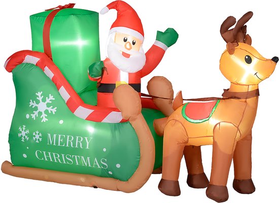 Kerstman met Slee & Rendier opblaasbaar - LED-verlichting - 210x80x140 cm