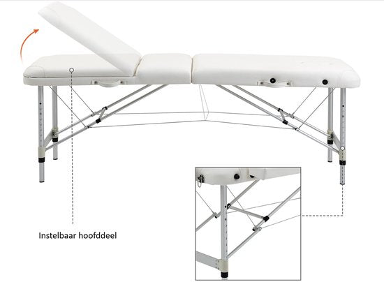 Aluminium Massagetafel Opvouwbaar - hoogte verstelbaar 215x60 cm - Wit