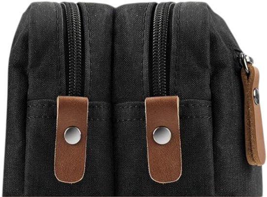 Luxe Toilettas Heren & Dames – 28 cm x 10 cm x 18 cm (lxbxh) - Dubbel Compartiment – Waterafstotende Reistas – Zwarte Toilettas met Leren Details – Grote Washbag – Ideaal voor Vakantie & Sportschool – FLOKOO