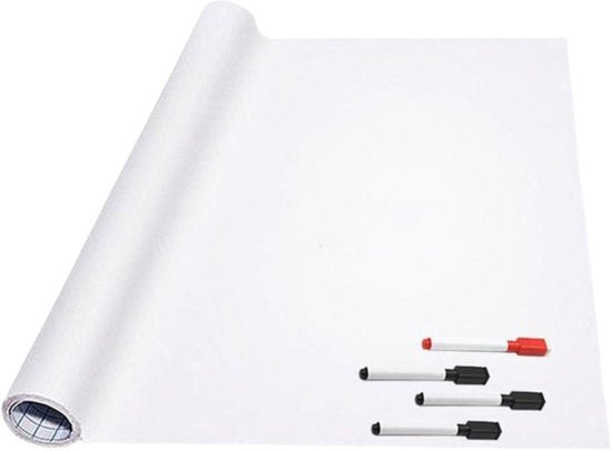 FLOKOO Whiteboard Sticker XL Zelfklevend (200 x 45 cm) met 4 Stiften met Wisser - Whiteboard Folie - Beschrijfbare Muursticker - Whiteboardsticker - Whiteboardfolie - Schoolbord Folie - Memobord Folie