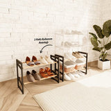 FixWood Houten Schoenenrek – 2-in-1 Stapelbaar Schoenenrek – 2 of 4 Lagen – Compact, Duurzaam en Stijlvol – Zwart-Hout – 65x26x52 cm