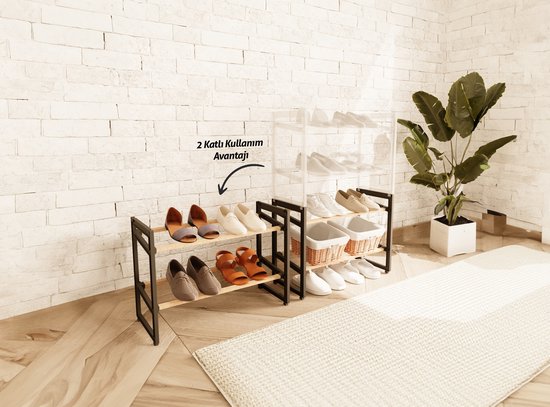 FixWood Houten Schoenenrek – 2-in-1 Stapelbaar Schoenenrek – 2 of 4 Lagen – Compact, Duurzaam en Stijlvol – Zwart-Hout – 65x26x52 cm