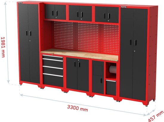 Feistos Juno 15 Gereedschapswand Hoog - 330 x 46 x 198 cm - Zwart/Rood