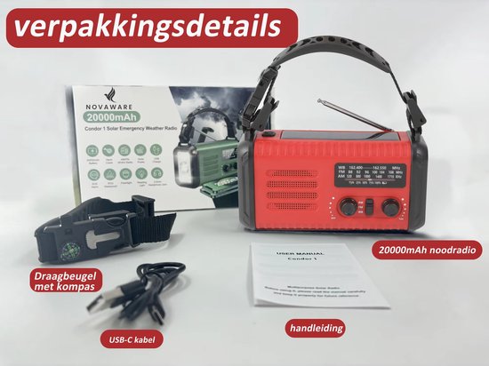 NovaWare NoodRadio Solar Opwindbaar - FM-AM - Powerbank Zonneenergie met 20.000mAh - Survival Noodpakket - Draagbare Radio op batterijen – Rood