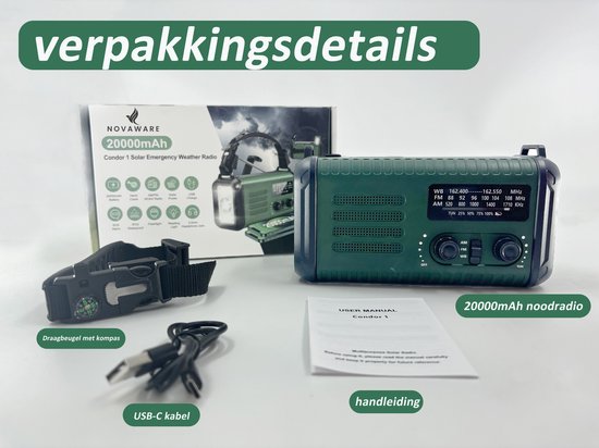 NovaWare NoodRadio Solar Opwindbaar - FM-AM - Powerbank Zonneenergie met 20.000mAh - Survival Noodpakket - Draagbare Radio op batterijen – Groen