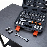 Doppenset met Ratelsleutel – Professionele 1-4” & 1-2” Doppen – Inclusief Verlengstukken en Opbergkoffer – Voor Auto, Motor & Kluswerk