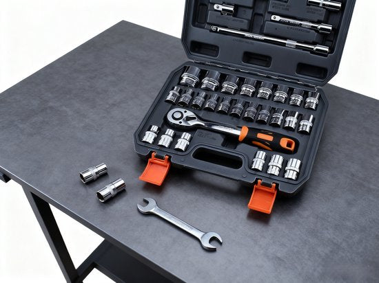 Doppenset met Ratelsleutel – Professionele 1-4” & 1-2” Doppen – Inclusief Verlengstukken en Opbergkoffer – Voor Auto, Motor & Kluswerk