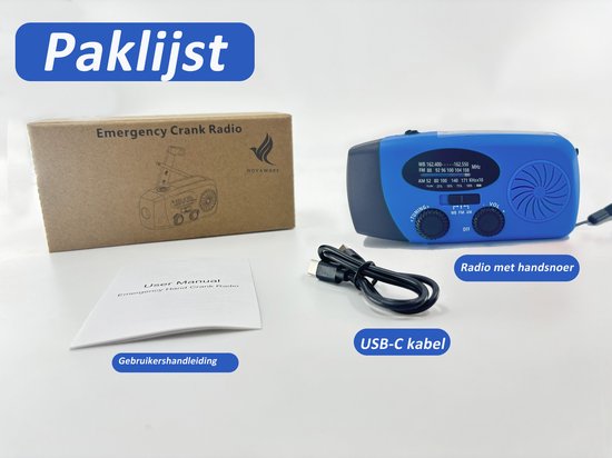 NovaWare Noodradio Solar Opwindbaar - Powerbank Zonneenergie met 5000mAh - FM-AM - Noodpakket - Draagbare Radio – Batterij - Blauw
