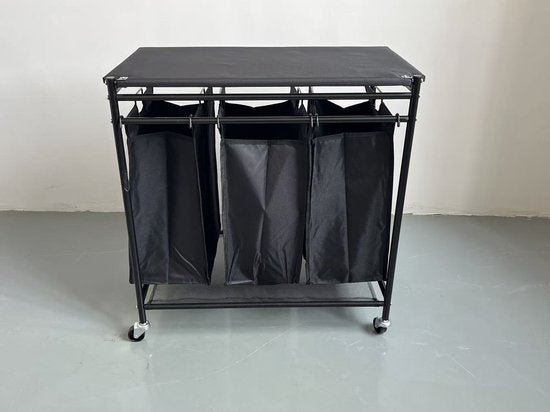 Wasverzamelaar met 3 vakken op wielen – Wasmand sorteerwagen met deksel – Verrijdbare wasmand – Zwart metalen frame