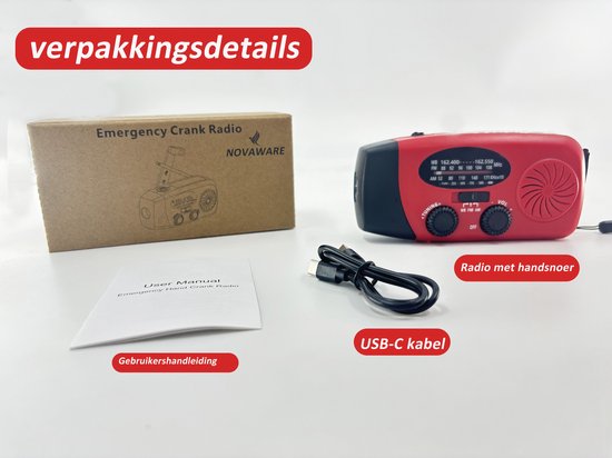 NovaWare Noodradio Solar Opwindbaar - Powerbank Zonneenergie met 5000mAh - FM-AM - Noodpakket - Draagbare Radio – Batterij - Rood