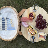 Luxe Ronde Rotan Picknickmand met Serviesset & Houten Serveerplank – Compleet 2-Persoons Picknickpakket met Deksel, Glazen en Binnenvoering