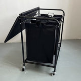 Wasverzamelaar met 3 vakken op wielen – Wasmand sorteerwagen met deksel – Verrijdbare wasmand – Zwart metalen frame