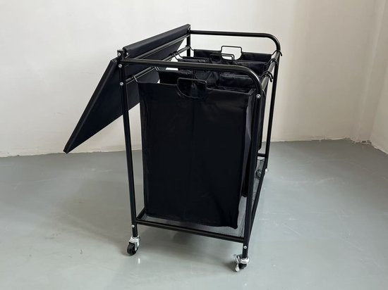 Wasverzamelaar met 3 vakken op wielen – Wasmand sorteerwagen met deksel – Verrijdbare wasmand – Zwart metalen frame