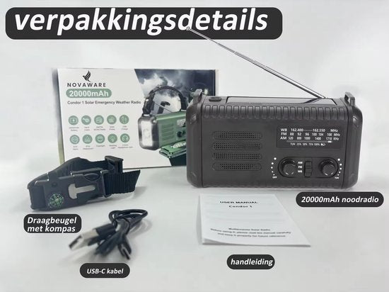 NovaWare NoodRadio Solar Opwindbaar - FM-AM - Powerbank Zonneenergie met 20.000mAh - Noodpakket - Draagbare Radio op batterijen – Zwart