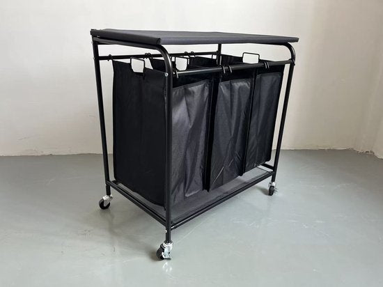 Wasverzamelaar met 3 vakken op wielen – Wasmand sorteerwagen met deksel – Verrijdbare wasmand – Zwart metalen frame